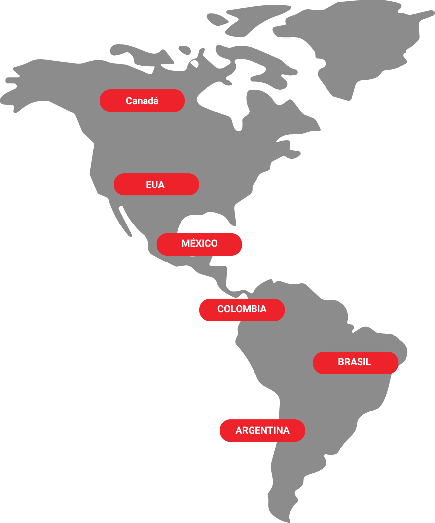 Mapa com presença da Cia de Talentos: Canadá, EUA, México, Colômbia, Brasil e Argentina